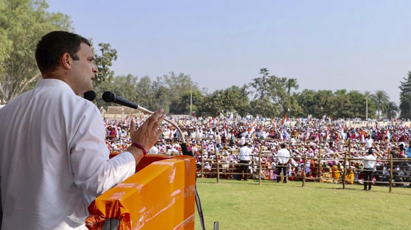 Congress President Rahul Gandhi addresses a public meeting at Pakhanjore, in Kanker district, on Friday. (Photo: PTI)
