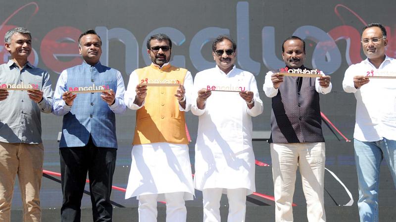 Agriculture minister Krishna Byre Gowda, Tourism minister Priyank  Kharge, Shanthi Nagar MLA N.A. Haris, Bengaluru Development Minister K.J. George, Mayor Sampath Raj and KPCC working president Dinesh Gundurao at the launch of the logo for Bengaluru on Sunday.