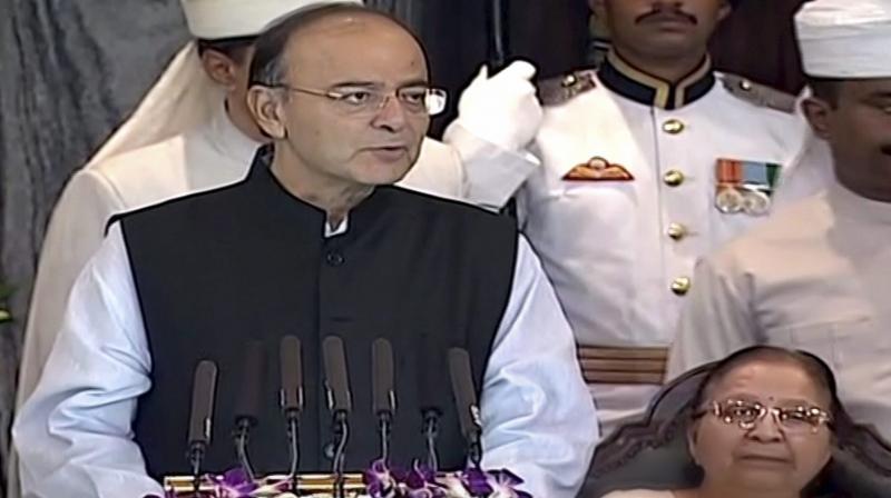 Finance Minister Arun Jaitley addresses the special session of Parliament for the launch of Goods and Services Tax (GST), in New Delhi on Friday. The GST comes into effect after the midnight. (Photo: PTI)