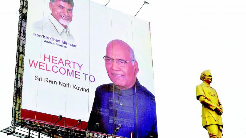 A flex at the control room welcomes Presidential candidate Ram Nath Kovind in Vijayawada on Monday. (Photo: DC)