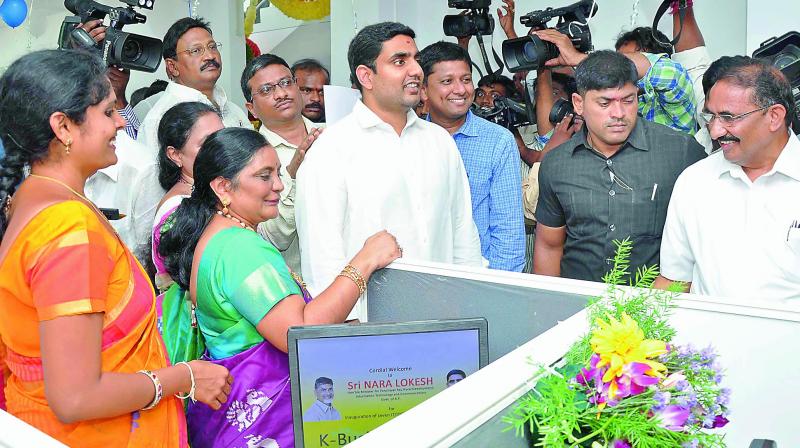 Minister for IT Nara Lokesh at the IT companies after inauguration in Vijayawada on Monday. (Photo: DC)