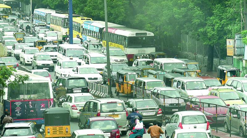 Blocked: The rains made it hard for traffic to move. Commuters were stuck in traffic jams across the city for hours. A view of the traffic jam at Masabtank. (Photo: DC)