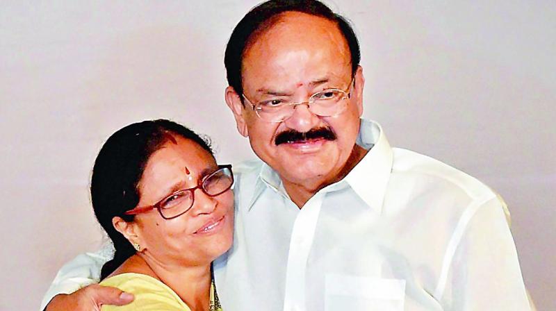 Venkaiah Naidu with his wife Usha after being elected as the Vice-President in New Delhi on Saturday. (Photo: PTI)