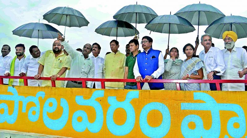 Members of parliamentary standing committee on water resources chaired by Hukum Singh visit Polavaram project site in West Godavari on Friday. (Photo: DC)