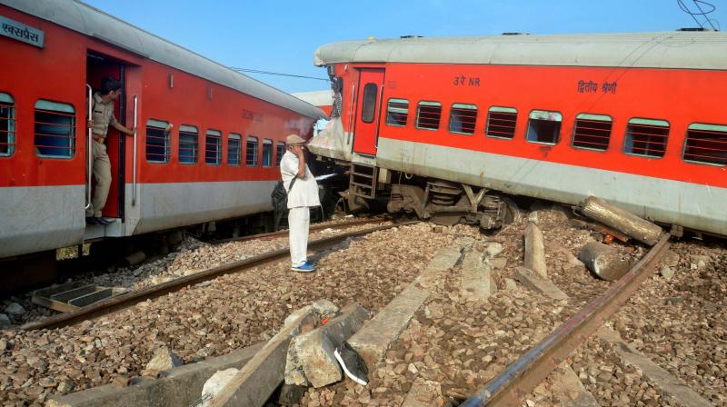 Derailed coaches of Delhi-bound Kaifiyat Express train after it collided with a dumper near Achhalda in Auraiya district in wee hours of Wednesday. (Photo: PTI)