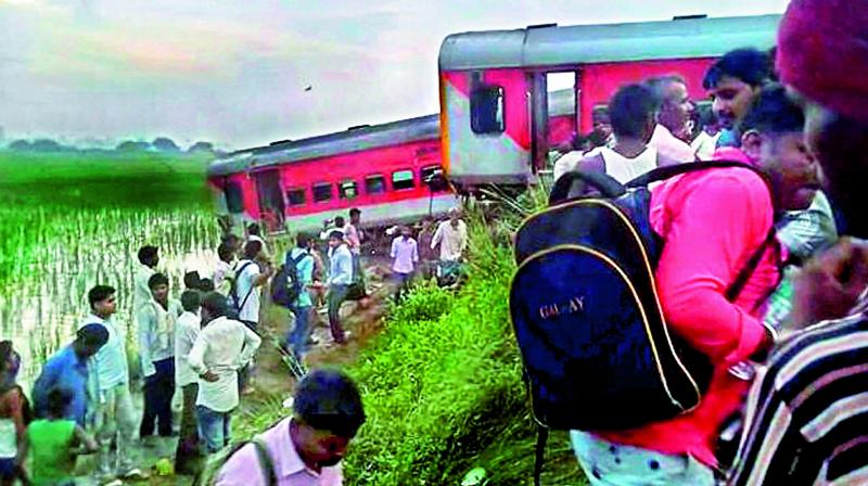Nine coaches of Azamgarh-Delhi Kaifiyat Express train derailed after colliding with a dumper in Auraiya district of Uttar Pradesh on Wednesday. (Photo: PTI)