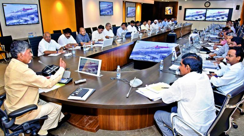 Chief Minister N. Chandrababu Naidu addresses officials at a review meeting on Polavaram the Secretariat in Velagapudi on Monday. (Photo: DC)