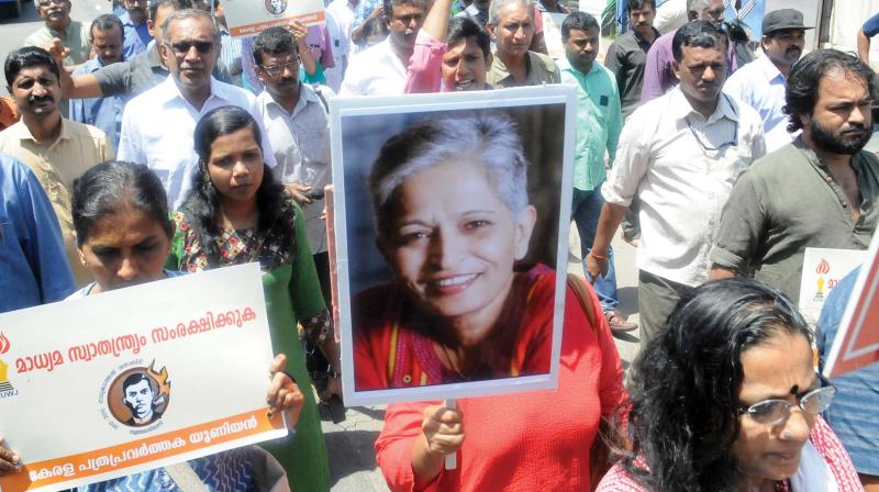 Journalists take out a protest march against the killing of Gauri Lankesh in Thiruvananthapuram on Wednesday. (Photo: A.V. MUZAFAR)