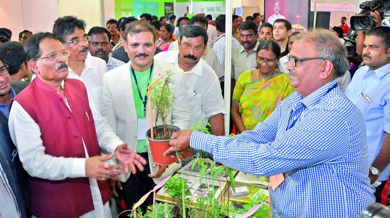Union minister of state (Independent charge) for AYUSH, Shripad Yesso Naik takes a look at the exhibition after inaugurating the four-day National Arogya Fair-2017 at Andhra University ground in Visakhapatnam on Friday. (Photo: DC)