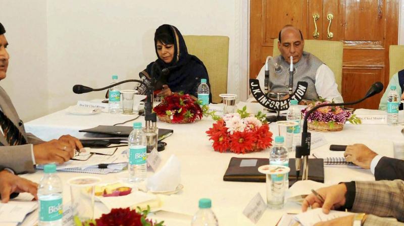 Union Home Minister Rajnath Singh during a meeting with Jammu and Kashmir Chief Minister Mehbooba Mufti, in Srinagar. (Photo: PTI)