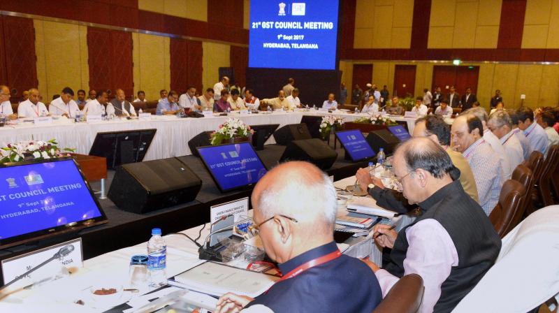 Minister of Corporate Affairs Arun Jaitley and others at the 21st GST Council meet in Hyderabad. (Photo: PTI)