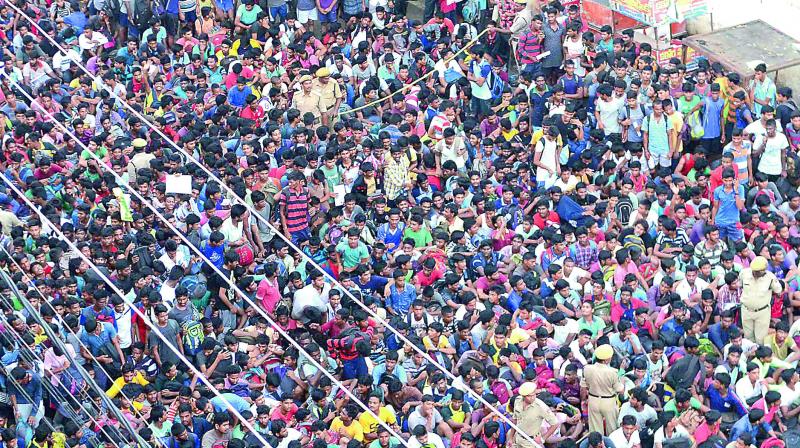 Youngsters participate in Air Force recruitment rally on Bandar road in Vijayawada on Saturday. (Photo: DC)