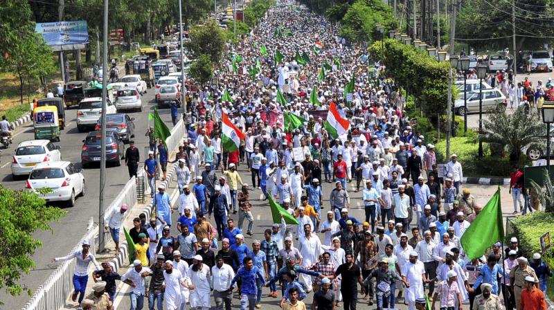 Muslims participate in a rally in Ludhiana on Tuesday to protest against the alleged genocide of Rohingya Muslims in Myanmar. (Photo: PTI)