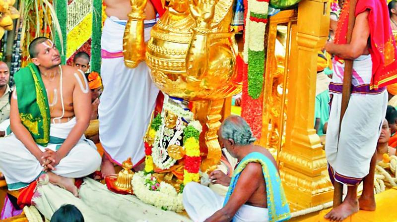 The processional deity of Lord Sri Malayappa Swamy is taken out in a procession on Simha Vahanam in Tirumala on Monday.