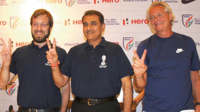 FIFA U-17 World Cup tournament director Javier Ceppi (from left), AIFF president Praful Patel and India Under-17 coach Luis Nortan De Matos in New Delhi on Tuesday. (Photo: BIPLAB BANERJEE)