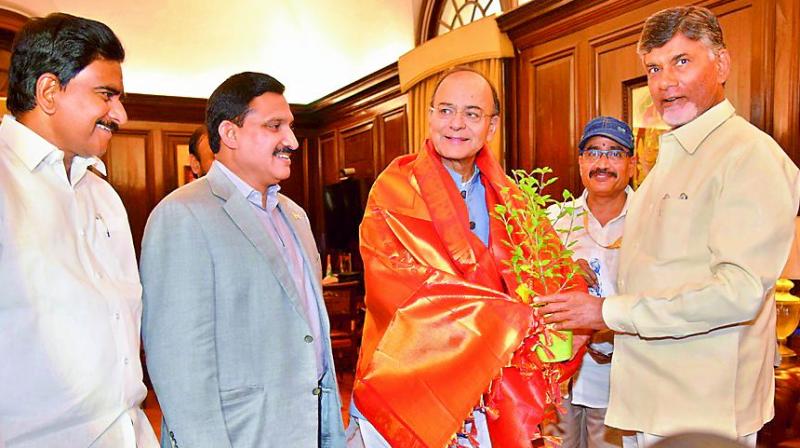Andhra Pradesh Chief Minister N. Chandrababu Naidu with Union minister Arun Jaitley.