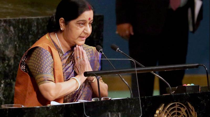 External Affairs Minister Sushma Swaraj delivers her speech during the 72nd United Nations General Assembly (UNGA) in New York on Saturday. (Photo: PTI)