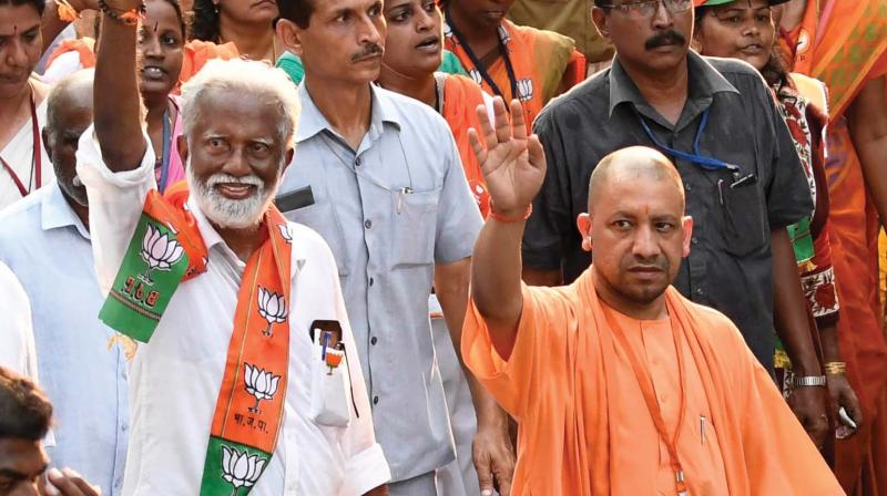 UP Chief Minister Yogi Adityanath and state BJP president Kummanam Rajasekharan during the BJP Janaraksha Yatra in Kannur on Wednesday. (PhotoDC