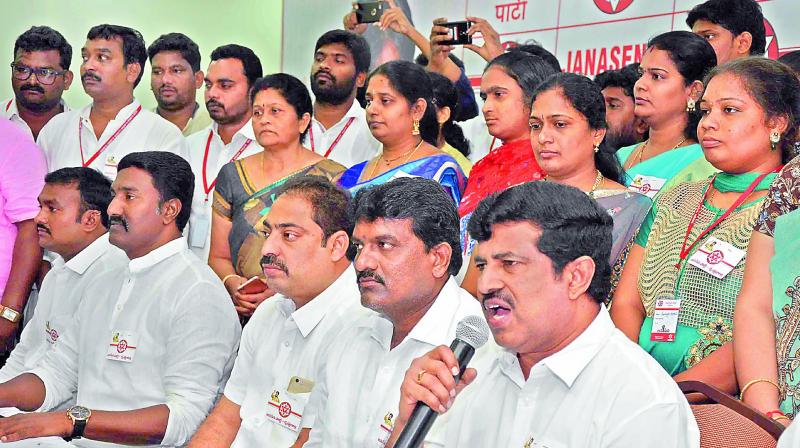 Jana Sena activists participate in a recruitment programme in Vijayawada on Saturday. (Photo: DC)