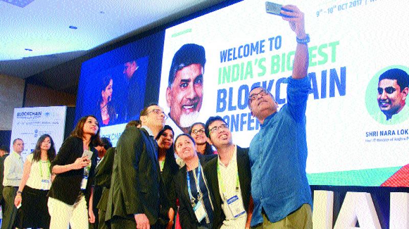 Young CEOs and participants take a selfie at the Blockchain Business Conference organised by Fintech Valley at Novotel Hotel in Visakhapatnam on Monday.