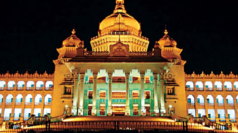 A file photo of Vidhana Soudha in Bengaluru at night.