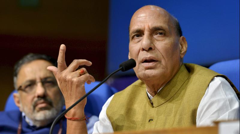 Home Minister Rajnath Singh at a press conference in New Delhi on Monday. (Photo: PTI)
