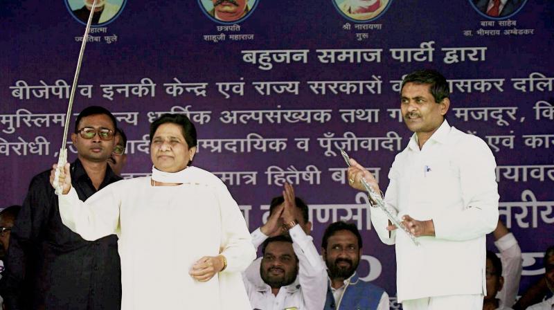 BSP President Mayawati during a party rally in Azamgarh on Tuesday. (Photo: PTI)