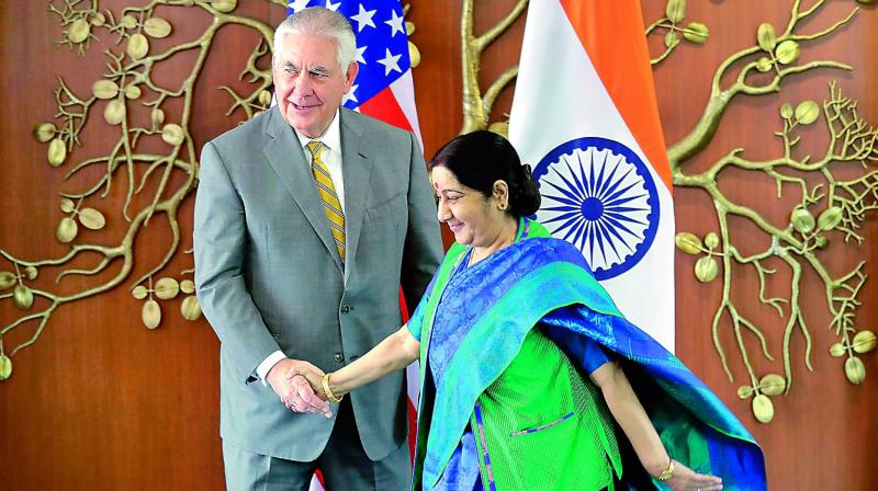 Foreign minister Sushma Swaraj with U.S. secretary of state Rex Tillerson in New Delhi on Wednesday. (Photo: AP)
