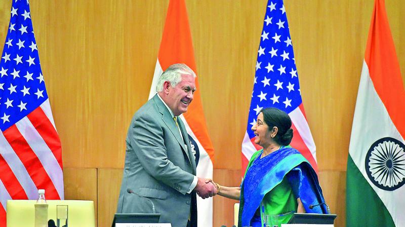 Minister for external affairs Sushma Swaraj and US secretary of state Rex Tillerson in New Delhi on Wednesday. (Photo: PTI)
