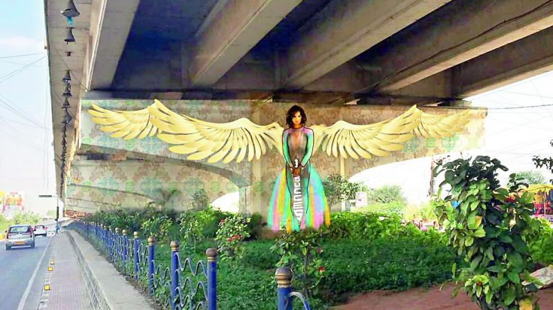 Painting of woman set to come up on a pillar at Hitec City flyover in Hyderabad.