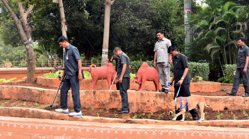 Dog squads conducting security checks at Shilparamam for GES on Saturday. (Photo: DC)
