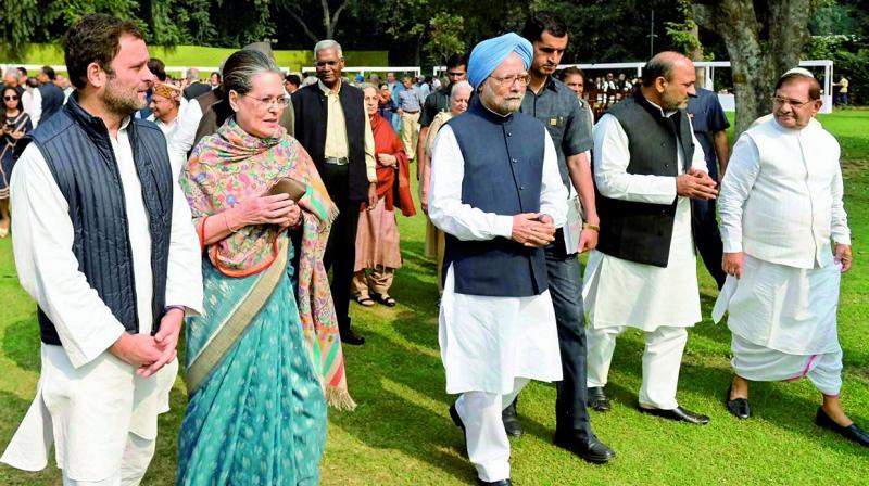Congress president Sonia Gandhi and party vice-president Rahul Gandhi at the former prime minister Indira Gandhis Memorial on Sunday. (Photo: PTI)