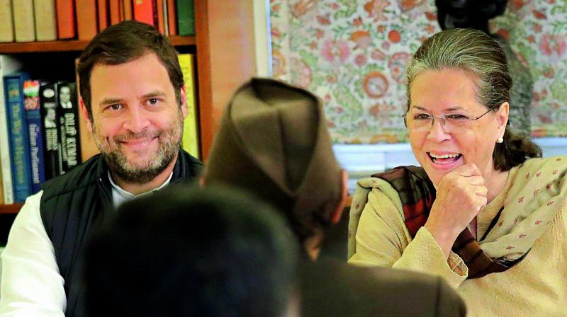 Congress President Sonia Gandhi and party vice-president Rahul Gandhi in New Delhi on Monday. (Photo: PTI)