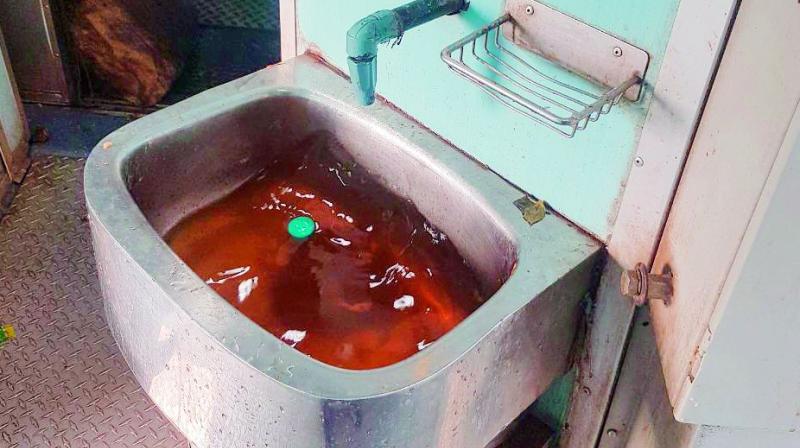 A clogged water sink in the Ajmer-Hyderabad train.