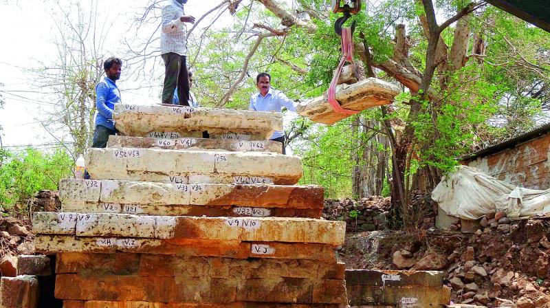 Authorities excavate artefacts from a historical site near Srisailam.