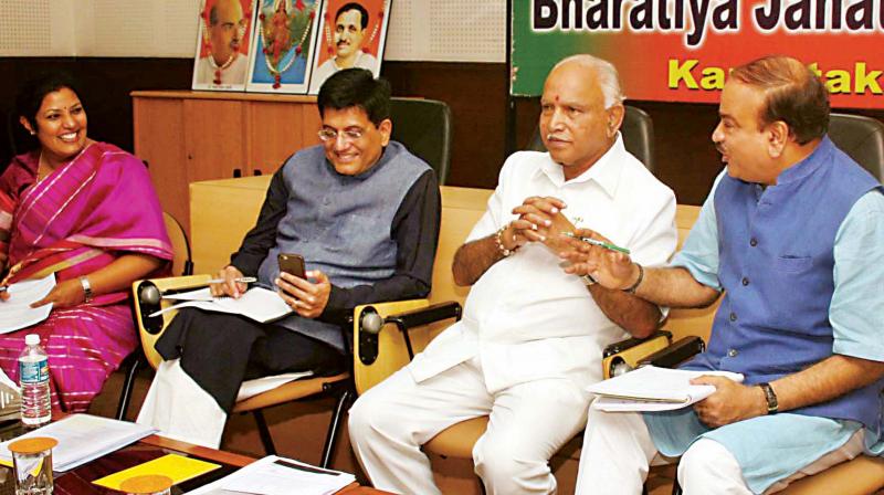 BJP leaders Daggubati Purandeswari, Piyush Goyal, B.S. Yeddyurappa and H.N. Ananth Kumar at the partys core committee meeting in Bengaluru on Saturday. (Photo: KPN)