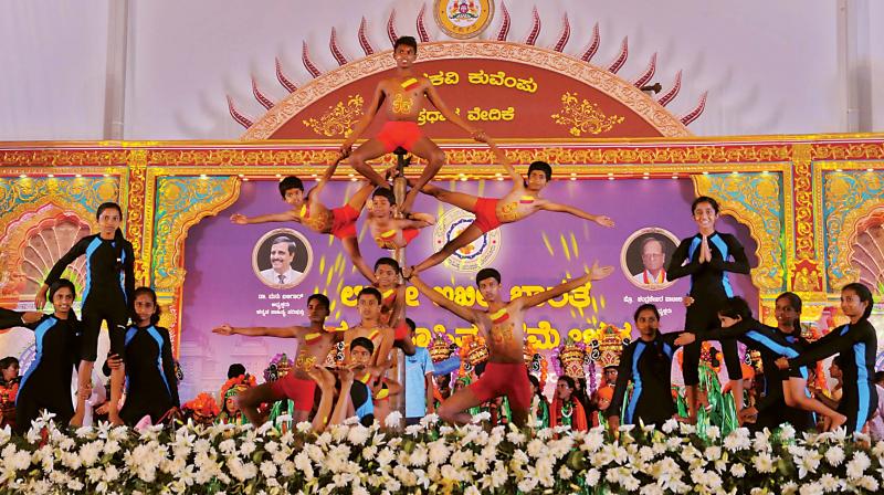 A Mallakamba performance during Kannada Sahitya Sammelana in Mysuru on Saturday.