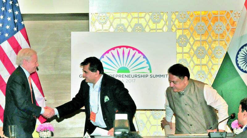 From left: U.S. ambassador to India Kenneth Juster greets Mr Amitabh Kant, CEO, NITI Aayog as Chief Secretary Telangana S.P. Singh looks on, before a joint media conference in connection with the Global Entrepreneurship Summit (GES-2017) in Hyderabad on Monday. (Photo: DC)
