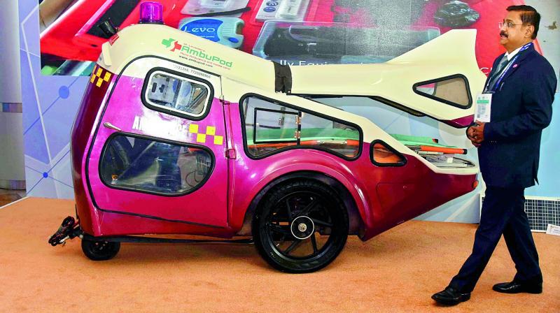 The 3-wheeled solar-powered micro-ambulance that can accomodate one patient on display at the GES on Tuesday. (Photo: DC)