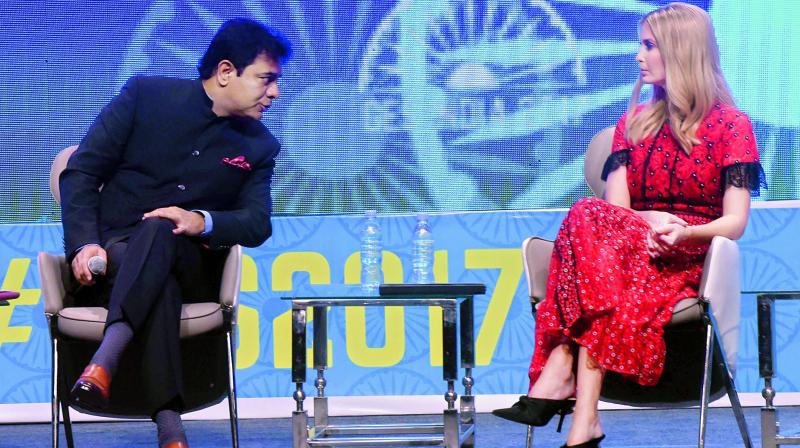 K.T. Rama Rao speaks to U.S. presidential adviser Ivanka Trump during the powerful women panel discussion held on the second day of the GES.