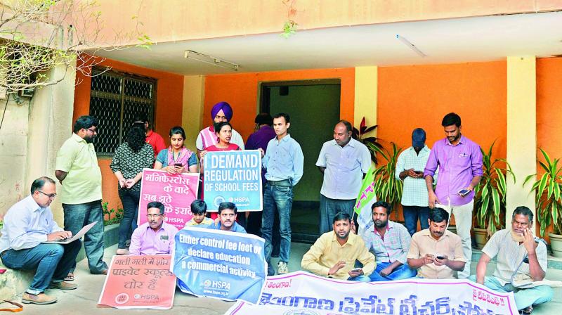 HSPA members stage a protest at the directorate of school education on fee hike by private schools on Saturday. (Photo: DC)