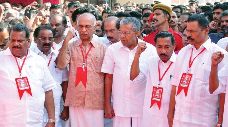 Chief Minister Pinarayi Vijayan among other CPM leaders at the partys Kozhikode district conference at Koyilandy on Tuesday. (Photo: DC)