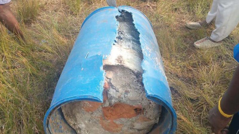 Panangad police smashed open one side of the drum after local fishermen complained of foul smell emanating and oily substance leaking from the drum.