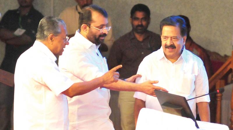 Chief Minister Pinarayi Vijayan, Speaker P. Sreeramakrishnan and Opposition Leader Ramesh Chennithala during the first Loka Kerala Sabha in Thiruvananthapuram on Friday. (Photo: A. V. Muzafar)
