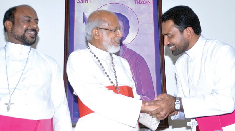 Major archbishop Mar George Alencherry with newly appointed bishops Fr. James Athikkalam and Fr. John Nellikunnel at St. Thomas Mount in Kochi on Friday.  (Photo: SUNOJ NINAN MATHEW)