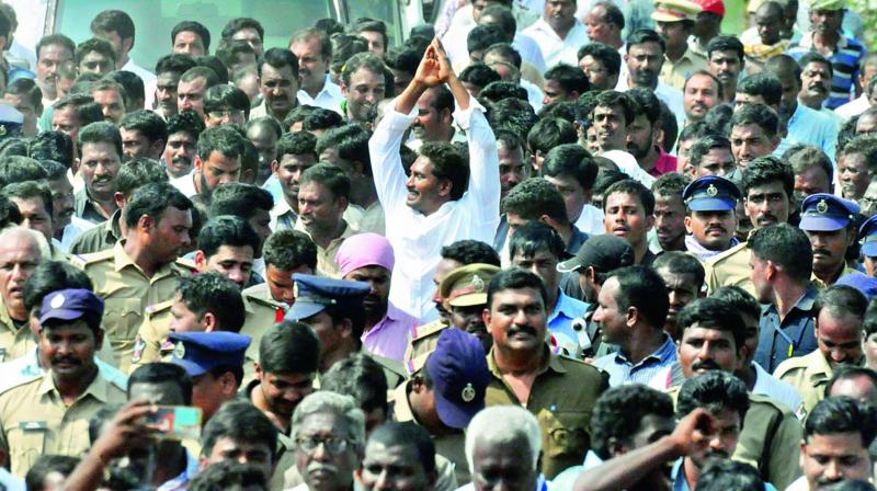 Opposition leader Jagan at concluding day of Praja Sankalpa Yatra in Chittoor district on Tuesday. (Photo: DC)