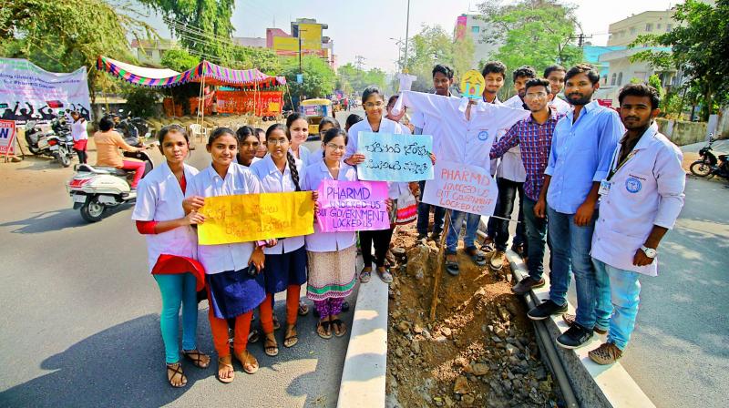 Pharma D students protest on the streets of Warangal asking the government to provide them jobs, on Monday. (Photo: DC)