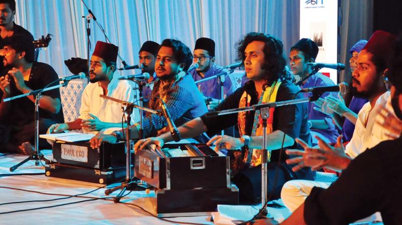 The band Mehfil-E-Sama Qawali, performs to herald the Kerala Literature Festival at the festival venue, Kozhikode beach on Wednesday.