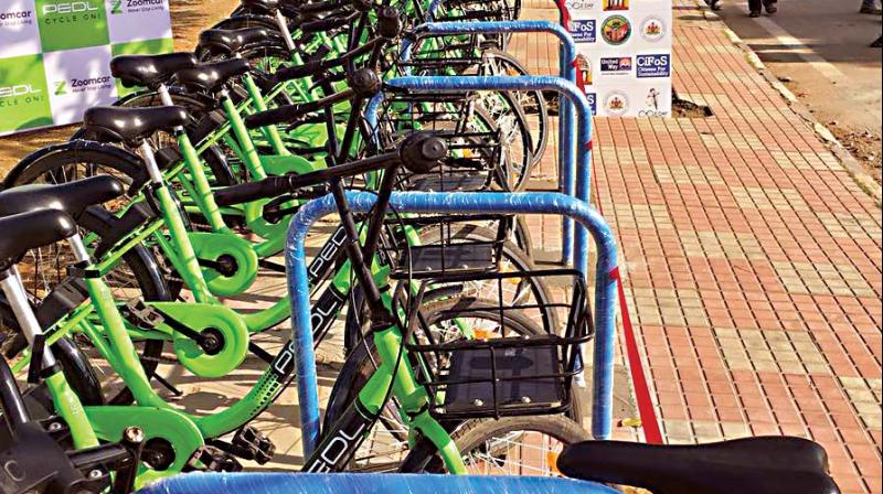 Cycles parked at a stand in Sanjaynagar. (Photo: DC)