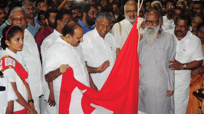 CPM state secretary Kodiyeri Balakrishnan, chief minister Pinarayi Vijayan, politburo member M.A. Baby and CPM leaders Baby John and E.P. Jayarajan on the eve of CPM state conference in Thrissur on Wednesday. (Photo: DC)